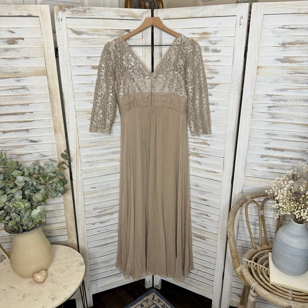 RICKIE FREEMAN TERI JON Women's 10 Lace Bodice Silk Gown Dress Champaign Sparkly - Picture 6 of 16